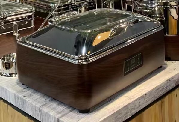 宇辉YUFEH 长方型阻尼缓冲式配玻璃盖 E-1011SL高级电餐炉不锈钢 自助炉 酒店 保温 早餐炉 布菲炉可配GN1/1食物盆, 9升配1000W电磁炉 炉架：E-1011F