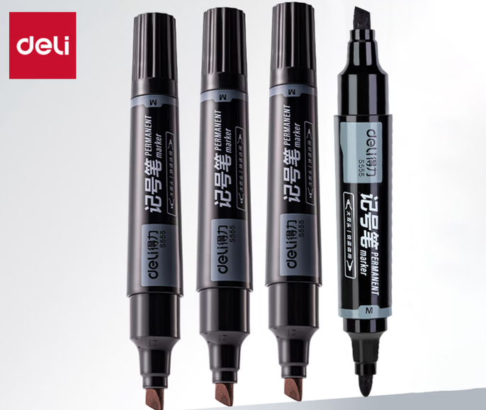 得力（deli）大双头粗头物流快递记号笔1.5mm/5.7mm 办公签字学生文具教学会议笔马克笔 10支/盒 黑色 S555
