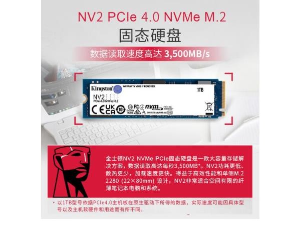 金士顿（Kingston）SSD m2固态硬盘 台式机笔记本 (M.2接口 NVMe协议) NV2 1000G即1t 性价比PCIe 4.0