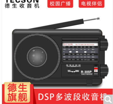 德生（Tecsun） R-305P便携式收音机老年人 全波段 高灵敏度指针电视伴音FM调频中波半导体 黑色标配+电池充电器+4节充电电池