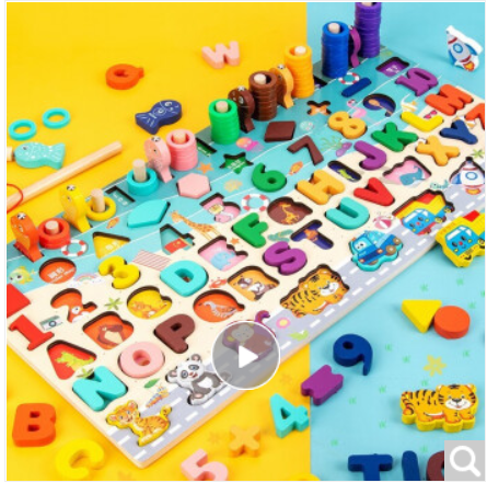 久好 婴幼儿童玩具宝宝早教玩具木制积木对数板版智图形状配对数字颜色对认知1-2-3岁男孩女孩 数字+钓鱼+形状+动物+汽车+火箭