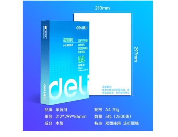 得力(deli)莱茵河A4打印纸 70g克500张*5包一箱 口碑优选复印纸 双面草稿纸 整箱2500张 7401